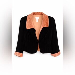 Soft Surroundings Black Velvet Jacket w/ Peach Trim Cropped Blazer Size Small